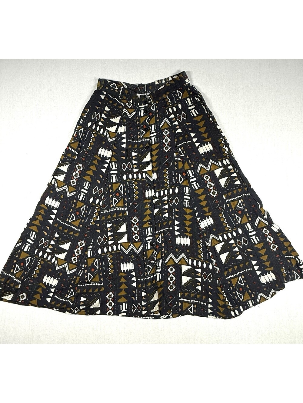 VNTG Zapp Midi Skirt Sz M/L India Rayon A-Line Button Front Tribal Boho Cottage